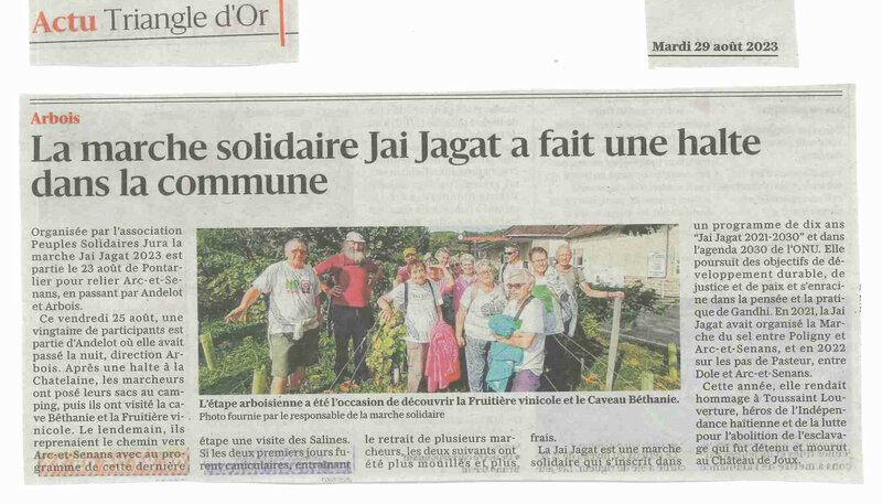 Arbois : la marche Solidaire Jaï Jagat a fait une étape dans la commune - article dans la Voix du Jura
