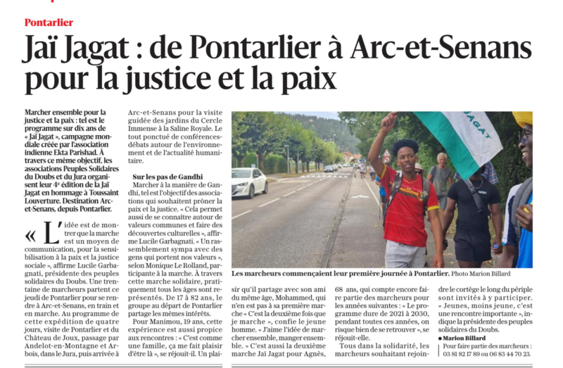 Jai Jagat : Pontarlier à Arc-et-Senans pour la justice et pour la paix, article de Marion Billard, L'Est républicain